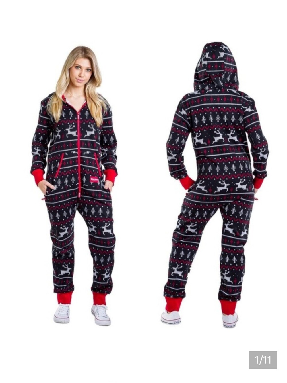 Tipsy Elves Black & Red Fair Isle Reindeer Fleece Onesie Jumpsuit Size L